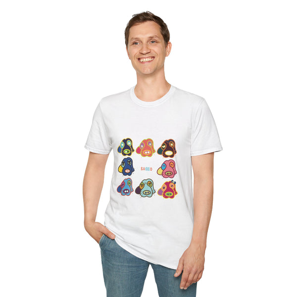 Psychedelic Puppy Faces T-Shirt — Colorful Cartoon Dog Grid Tee