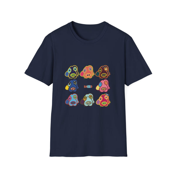Psychedelic Puppy Faces T-Shirt — Colorful Cartoon Dog Grid Tee
