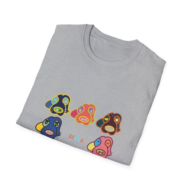 Psychedelic Puppy Faces T-Shirt — Colorful Cartoon Dog Grid Tee