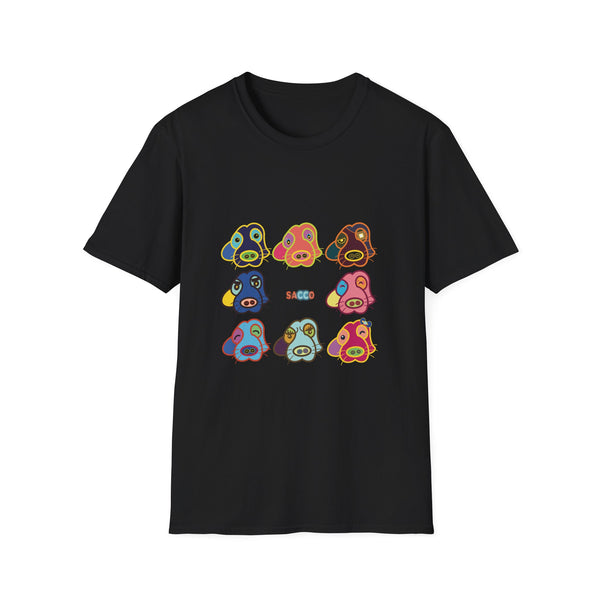Psychedelic Puppy Faces T-Shirt — Colorful Cartoon Dog Grid Tee